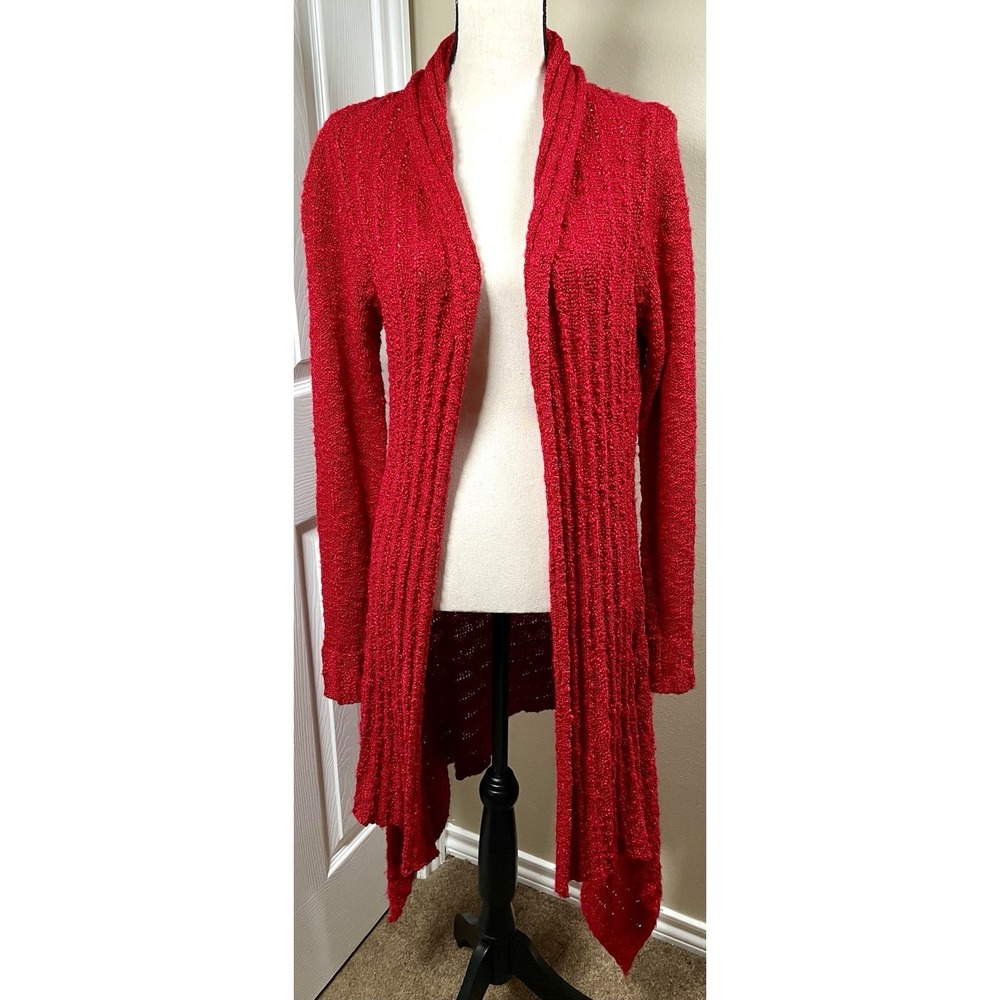 Sasa Women's Size 1 Sweater Long Red Open-Front Textured Knit Cardigan (Large)